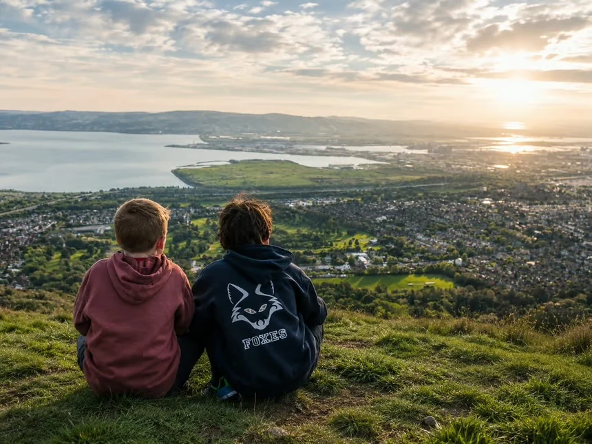 Two children looking out over Belfast and Belfast Lough from the hills